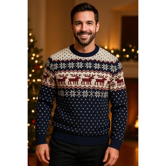 Men's Wool Blend Fair Isle Reindeer Sweater L Navy Cozy Layers Holiday Christmas - Picture 1 of 8